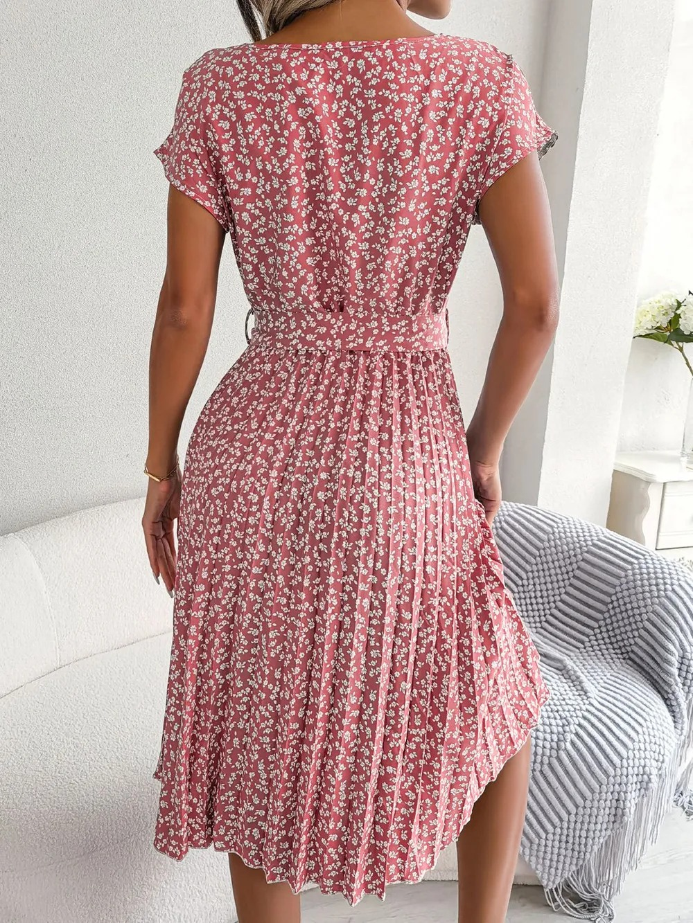 Ditsy Floral Pleated Belted Dress, image 5