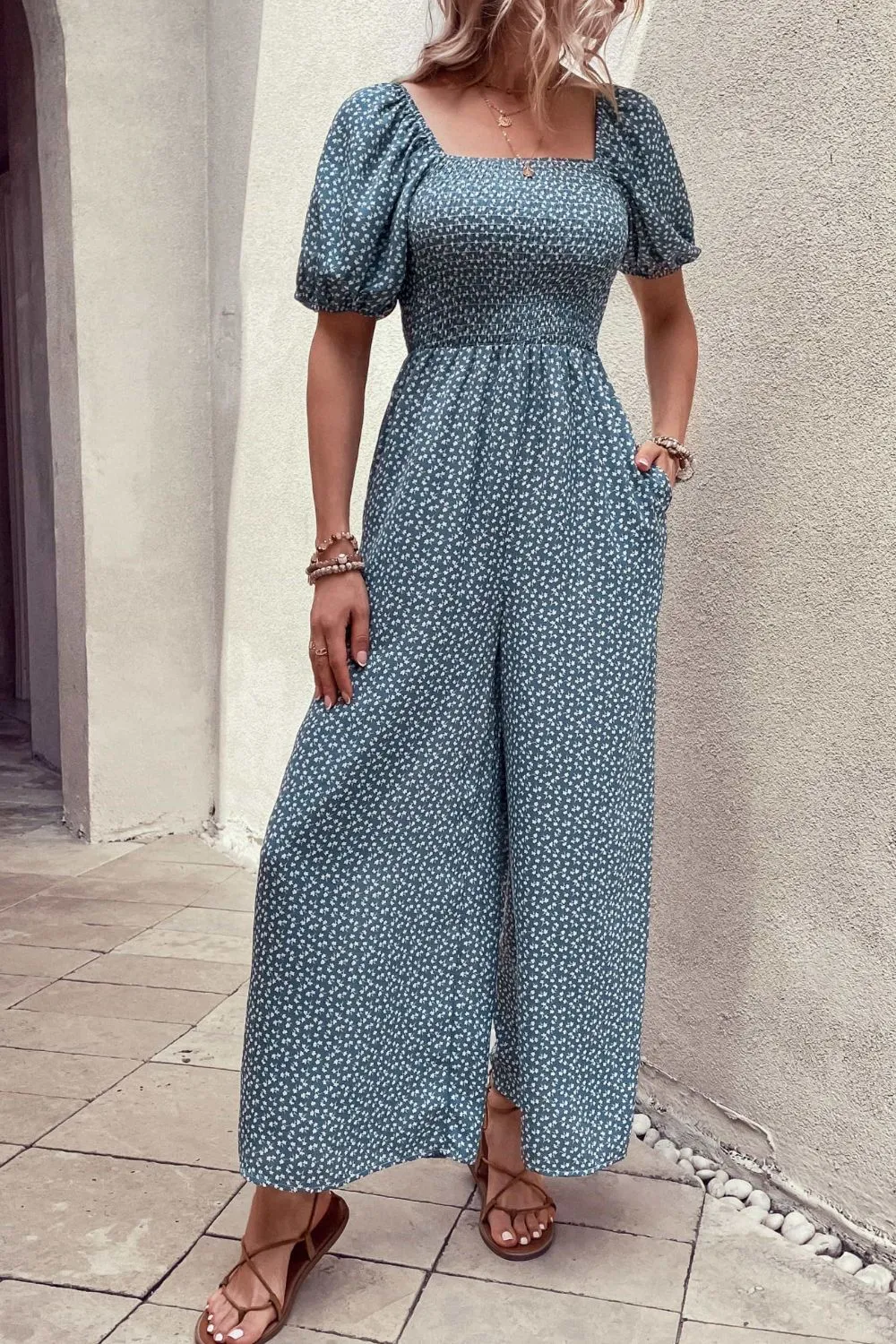 Printed Square Neck Jumpsuit with Pockets, image 4