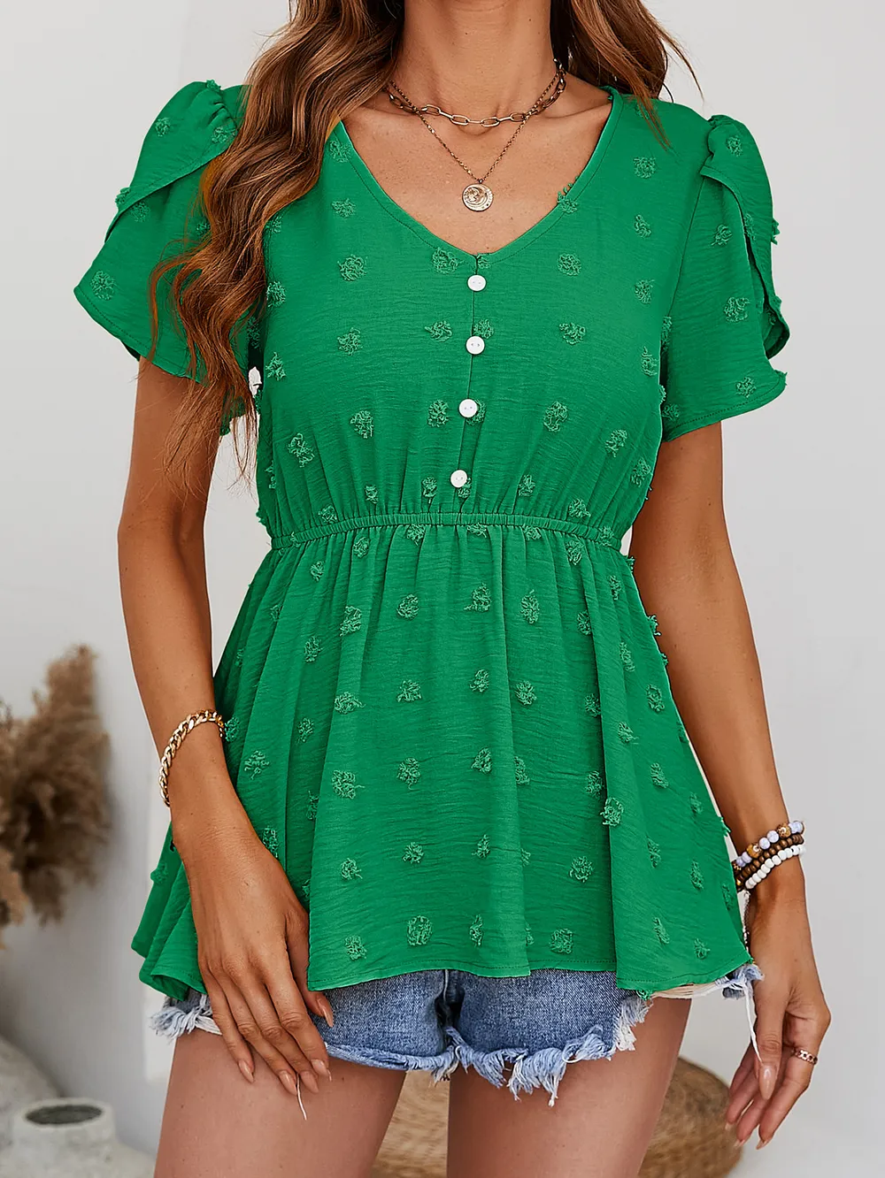 Swiss Dot Buttoned Petal Sleeve Peplum Blouse, image 6