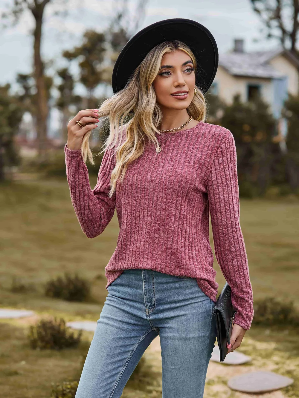 Ribbed Round Neck Long Sleeve Tee, image 5