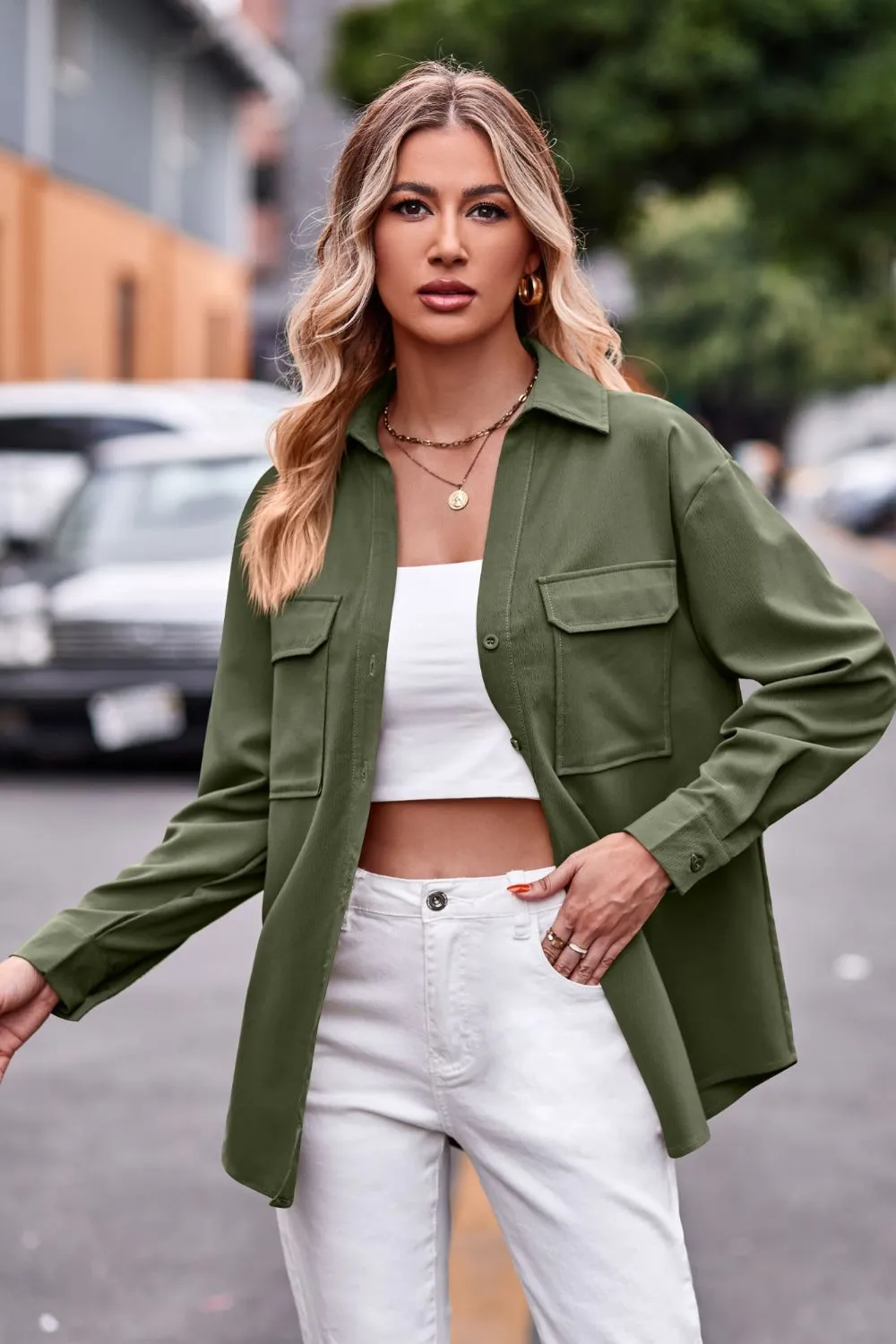 Dropped Shoulder Longline Shirt with Pockets, image 17