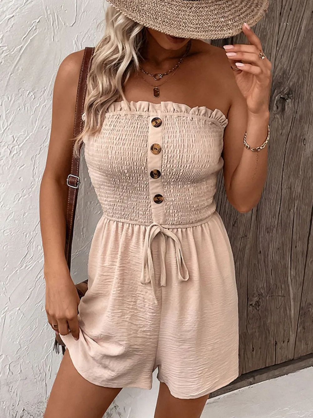 Decorative Button Smocked Strapless Romper, image 5