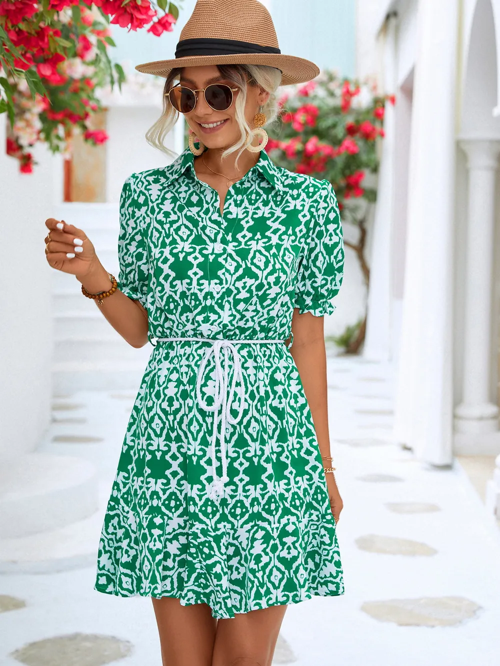 Printed Tie Waist Collared Flounce Sleeve Dress, image 3
