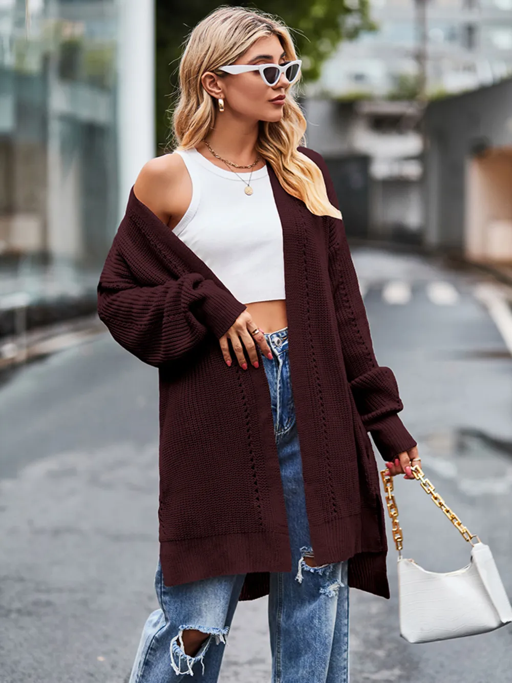 Long Sleeve Waffle-Knit Cardigan, image 19