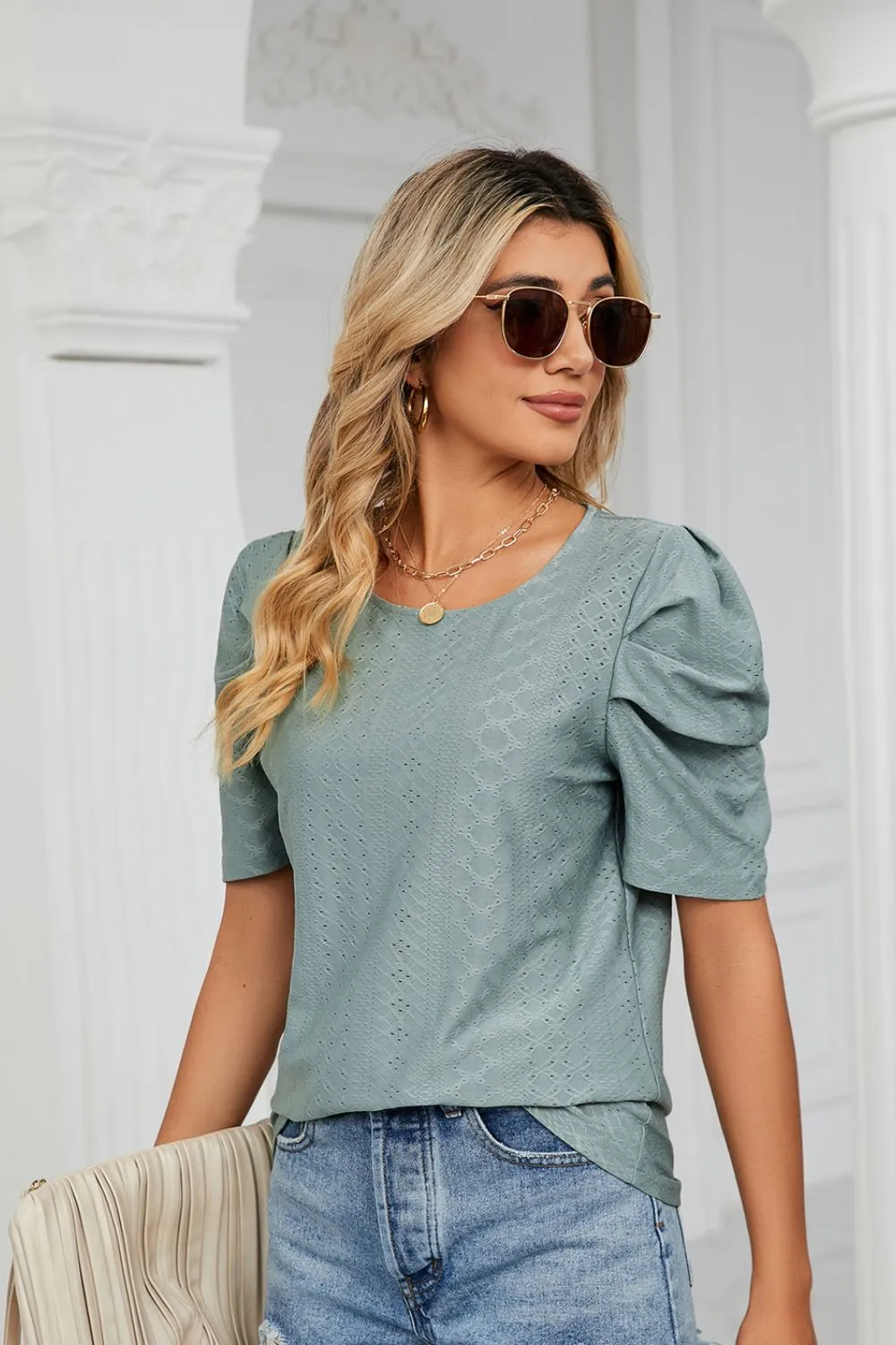 Eyelet Puff Sleeve Round Neck Blouse, image 10