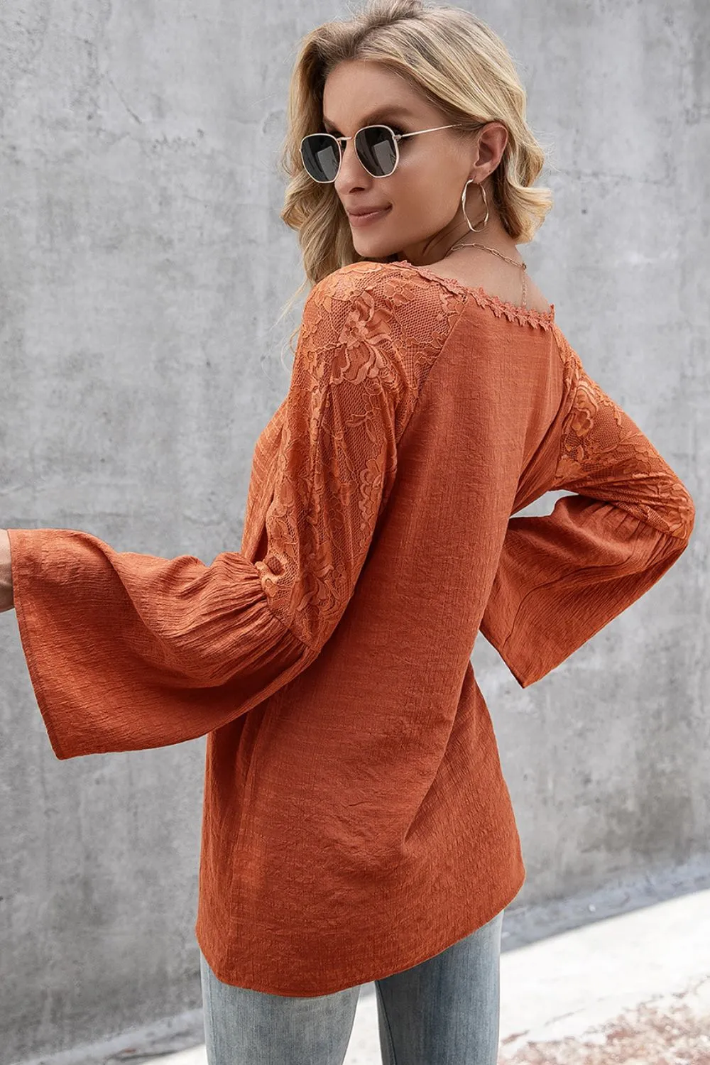 V-Neck Spliced Lace Flare Sleeve Top, image 11