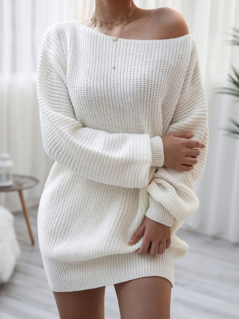 Balloon Sleeve Boat Neck Sweater Mini Dress, image 2