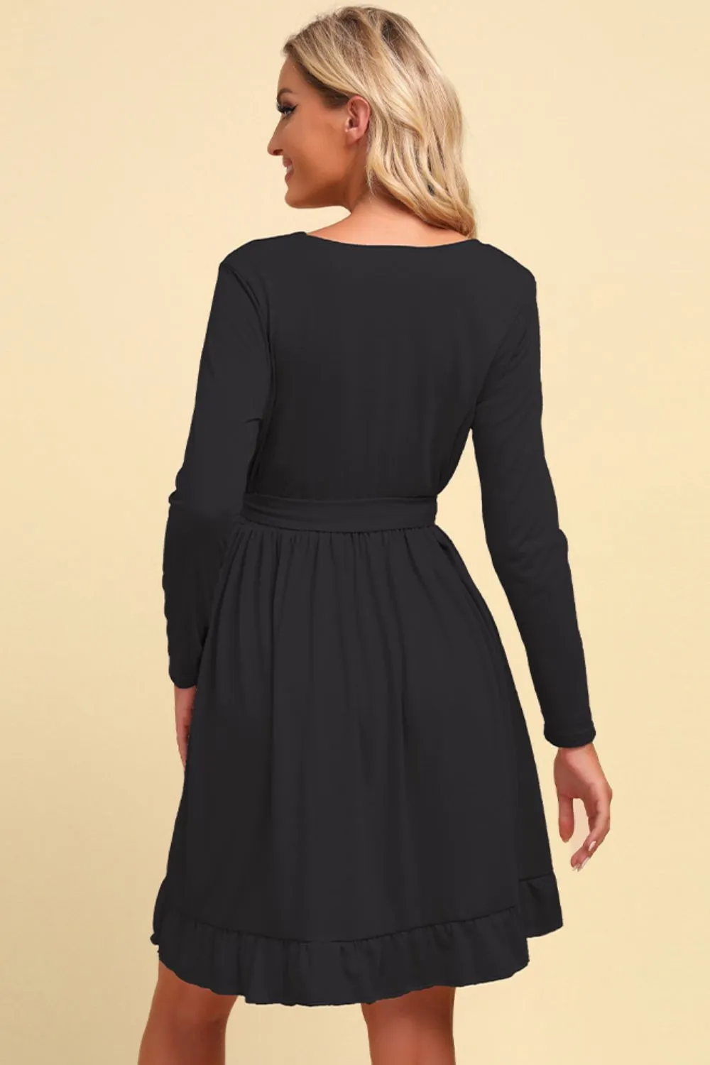 Long Sleeve Tie Waist Ruffle Hem Dress, image 4