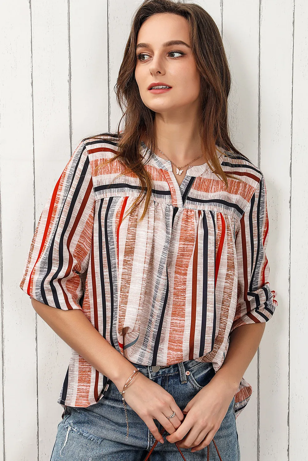 Multicolored Stripe Notched Neck Top, image 3