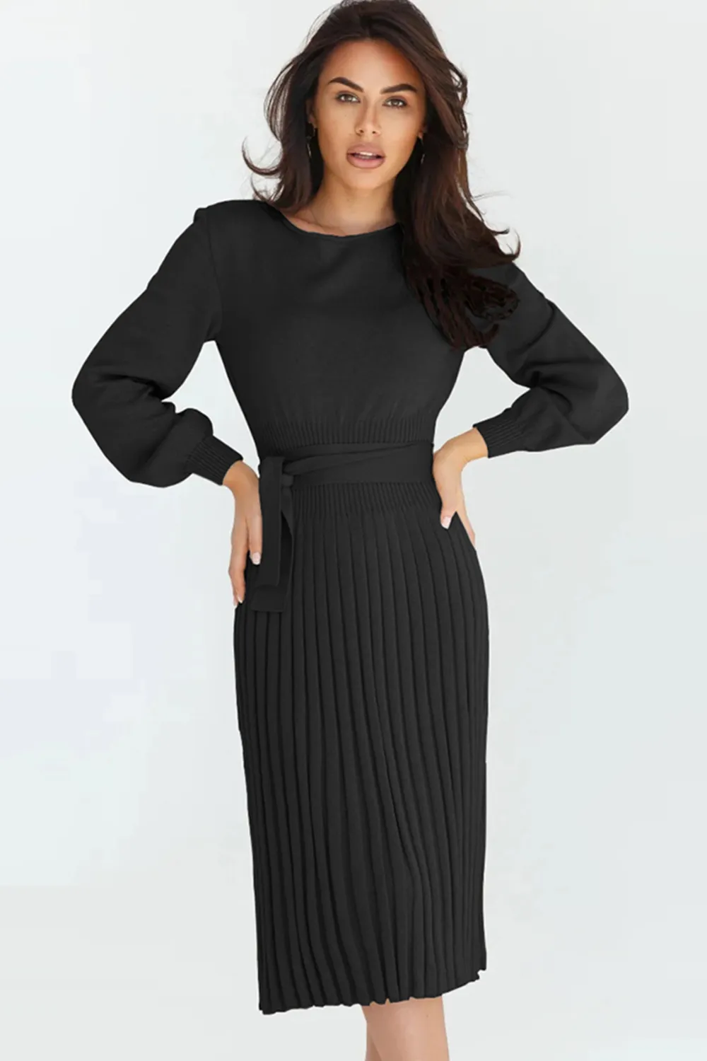 Round Neck Long Sleeve Pleated Sweater Dress, image 5