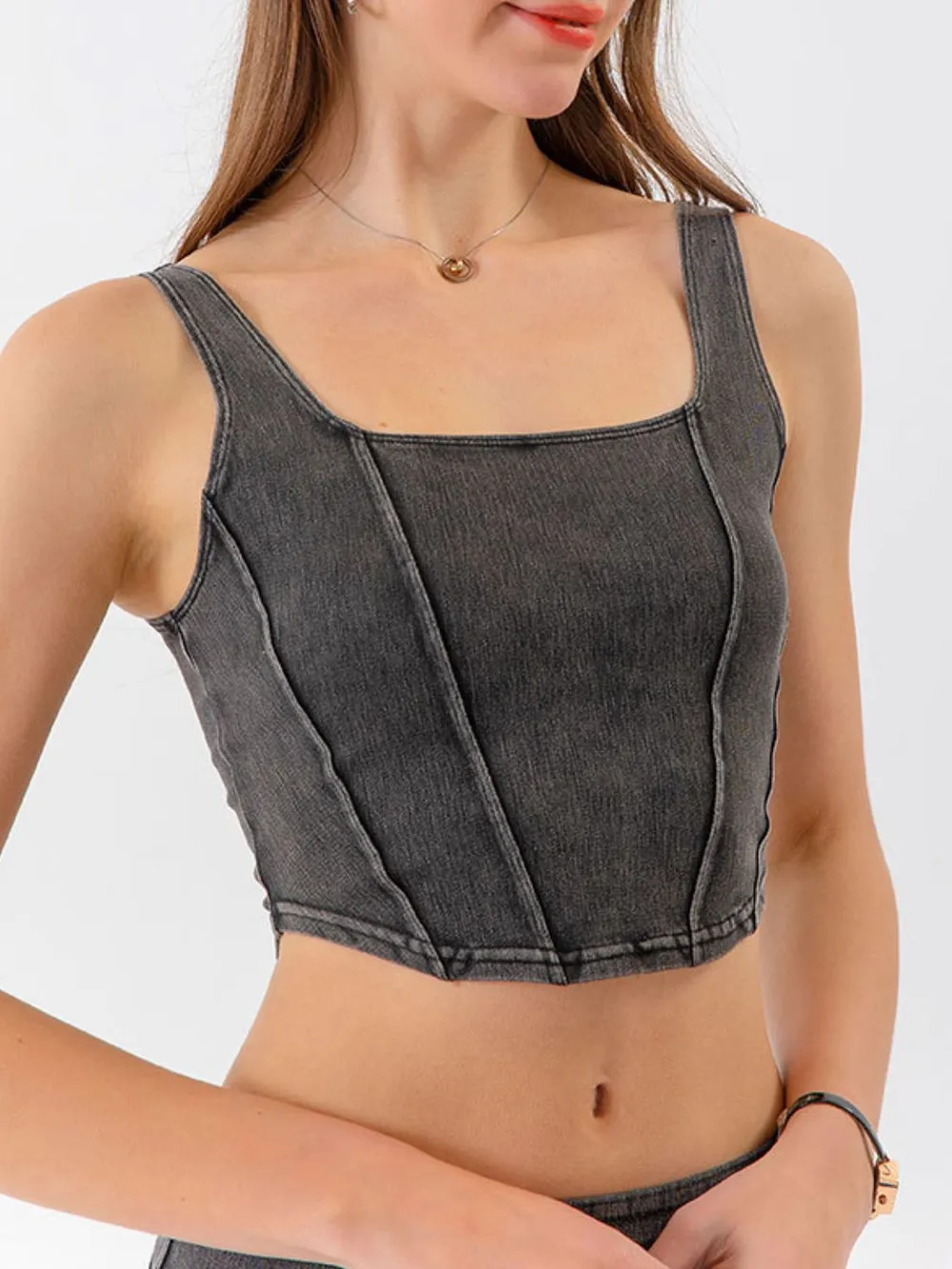Seam Detail Cropped Denim Tank, image 7