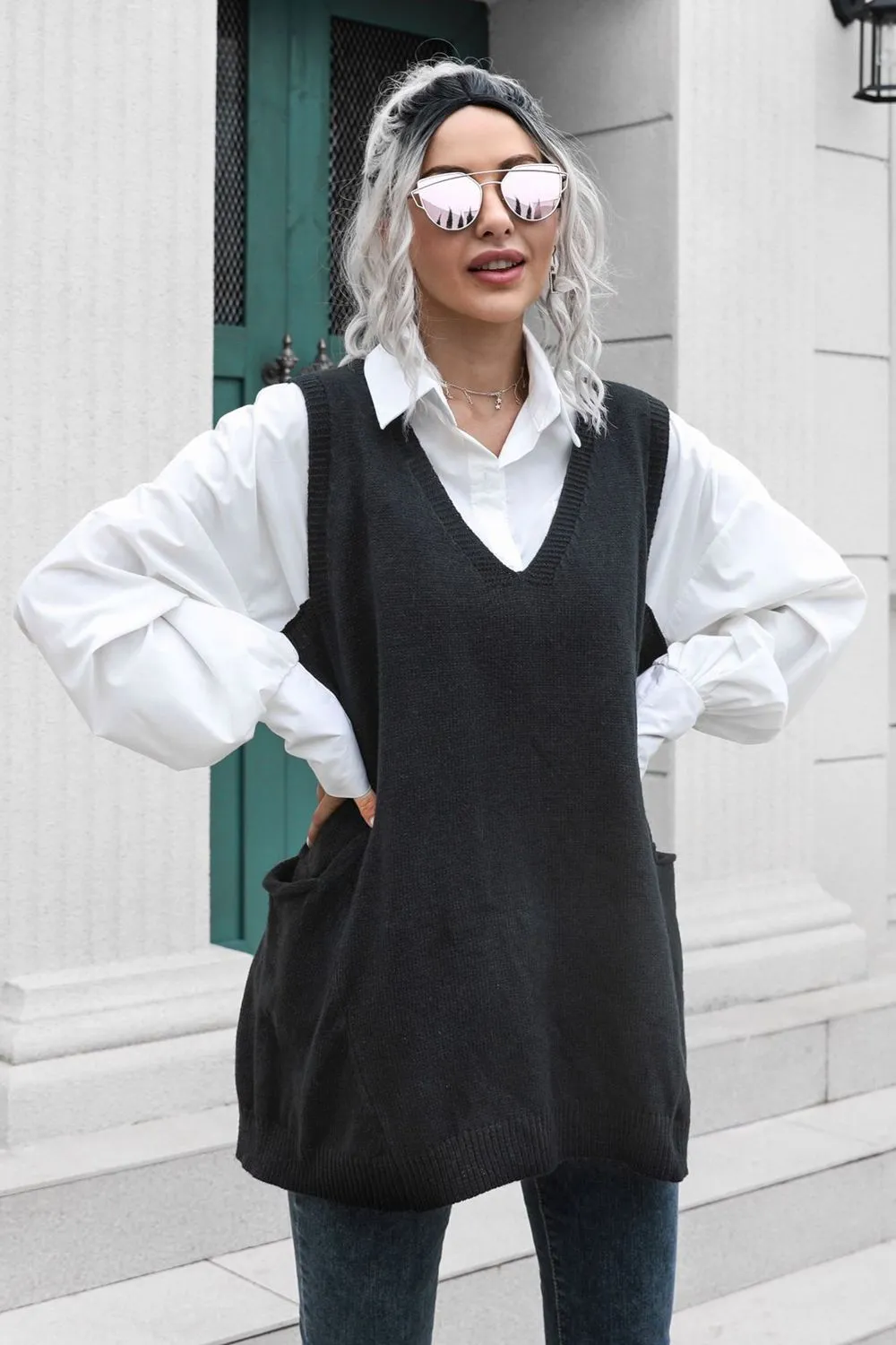 V-Neck Sleeveless Sweater Vest with Pocket, image 2
