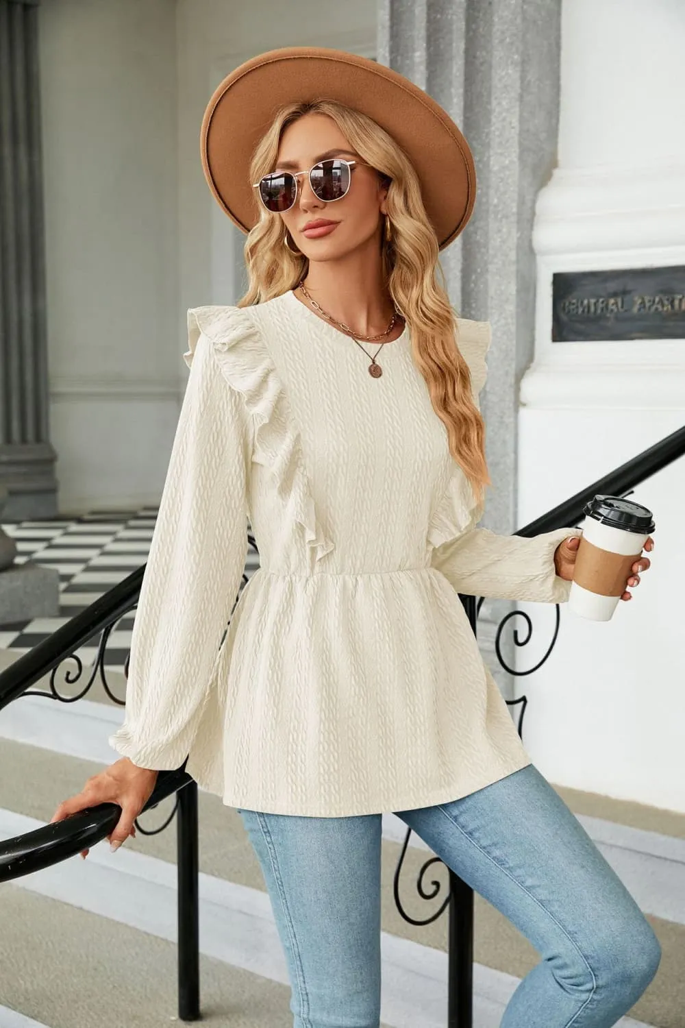 Round Neck Ruffled Peplum Blouse, image 6