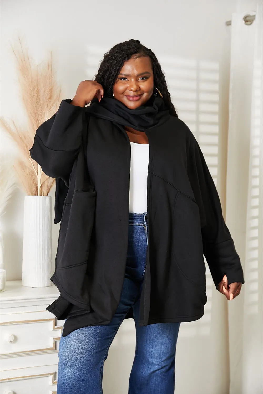 Full Size Open Front Cardigan with Scarf Design, image 10