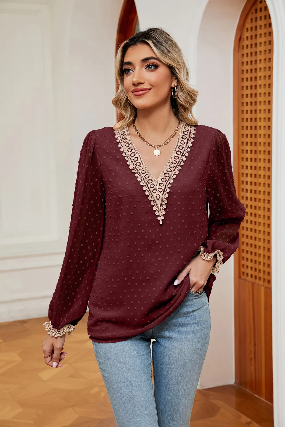 Swiss Dot Contrast V-Neck Blouse, image 4