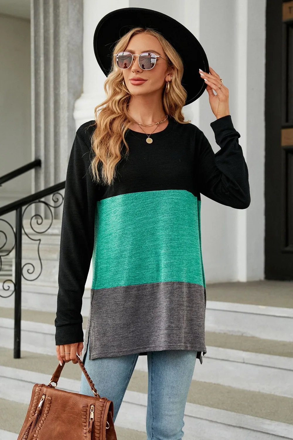 Color Block Round Neck Long Sleeve Slit T-Shirt, image 2