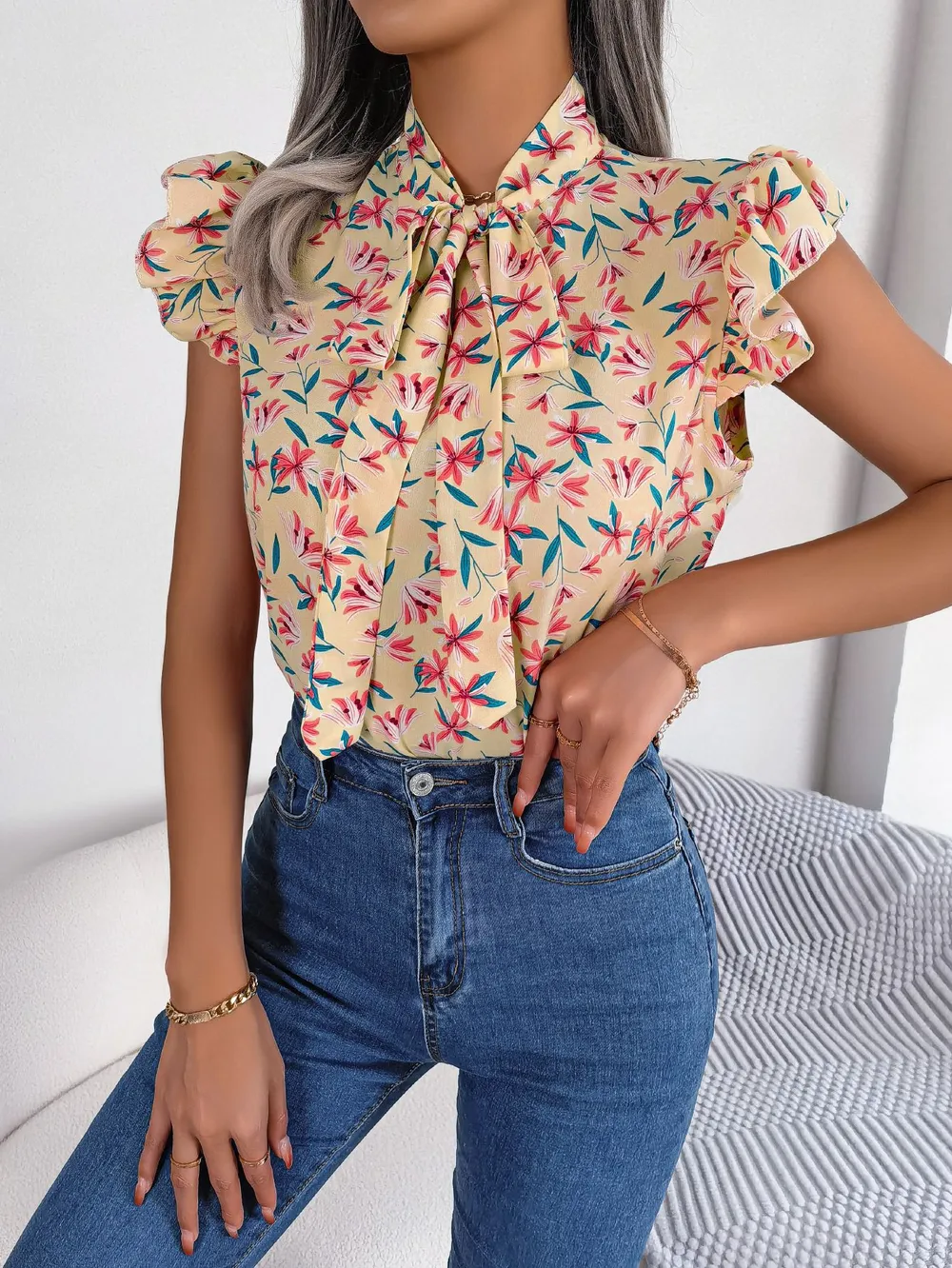 Floral Tie Neck Flutter Sleeve Blouse, image 5