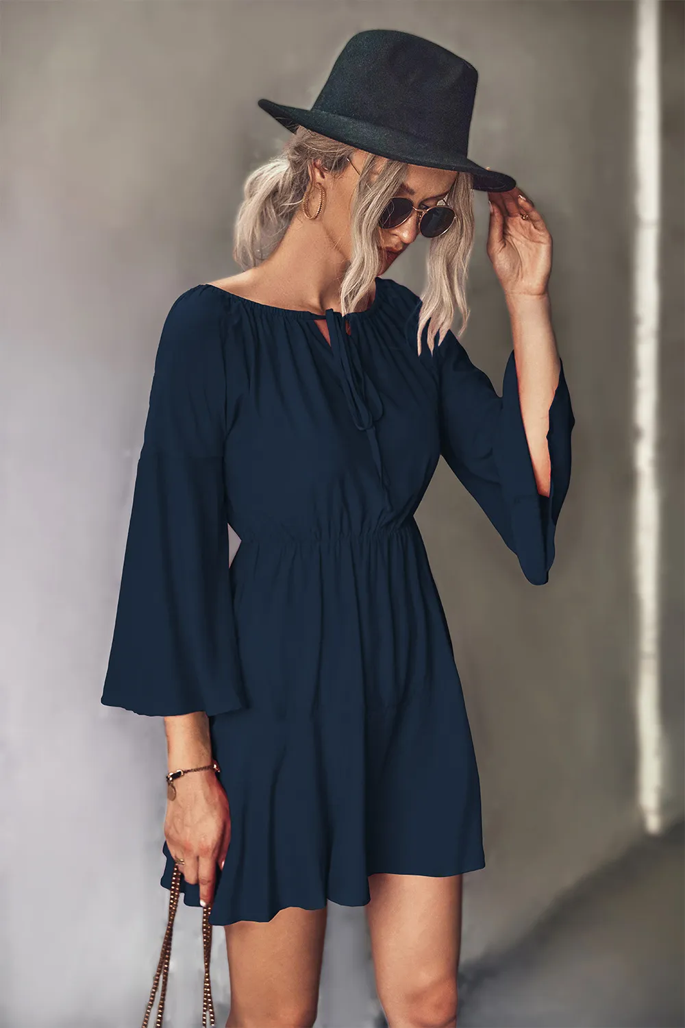 Tie Neck Flare Sleeve Mini Dress, image 3