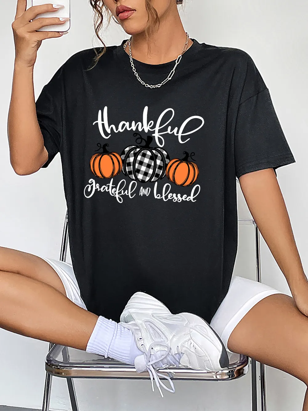 Round Neck Short Sleeve Fall Season Graphic T-Shirt, image 3