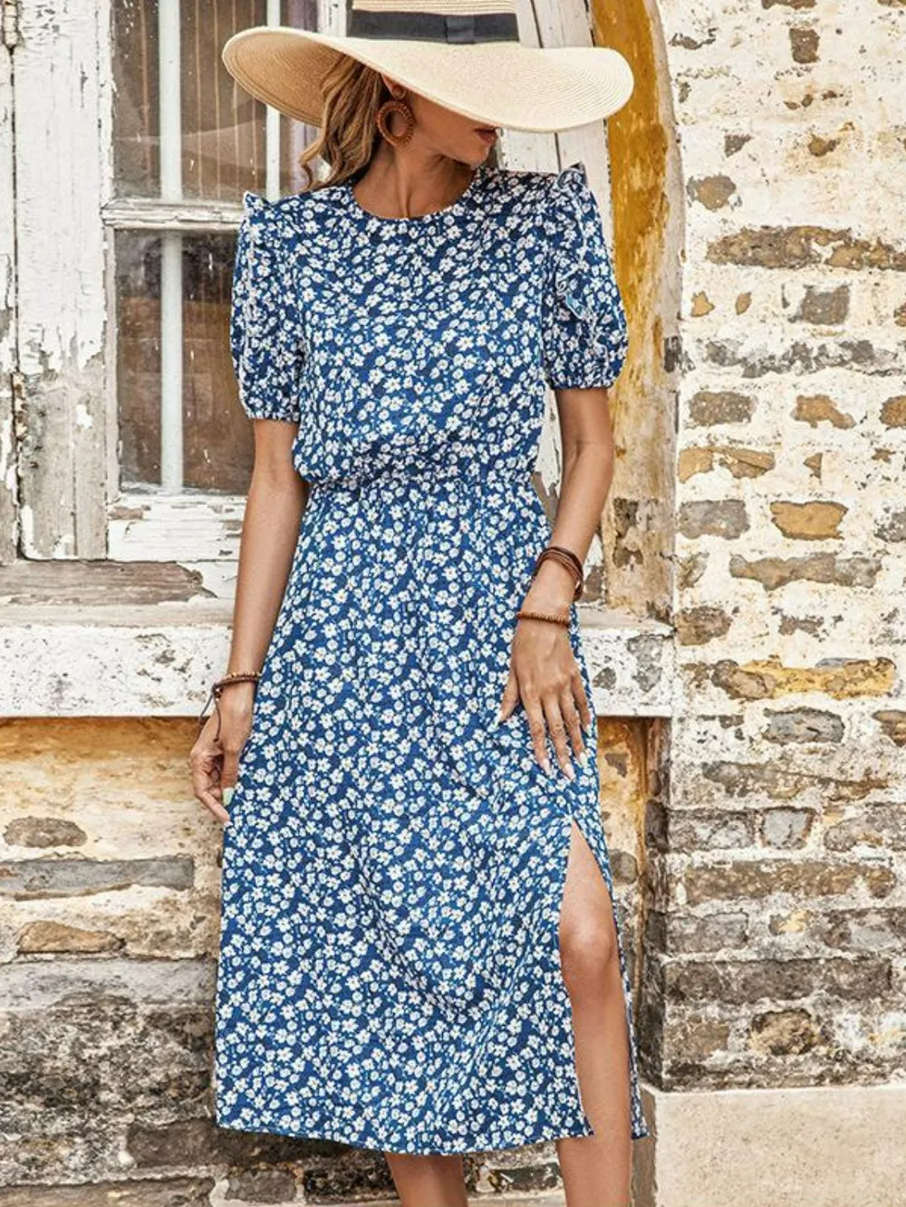 Floral Round Neck Split Midi Dress, image 2