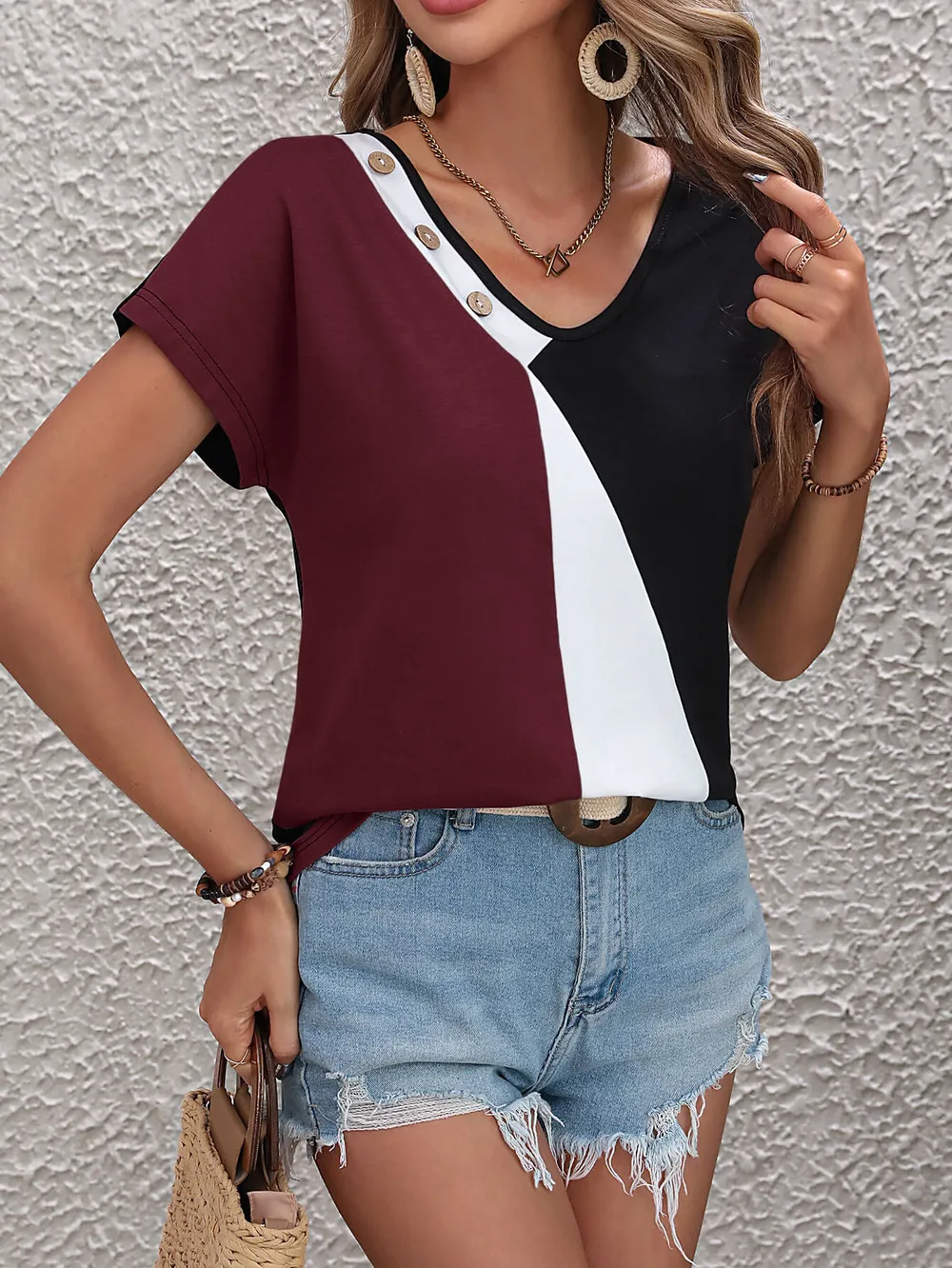 Color Block Decorative Button V-Neck Tee, image 7
