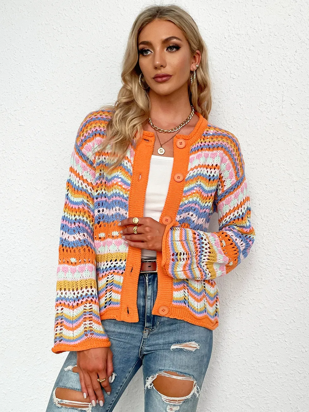Chevron Stripes Openwork Cardigan, image 2