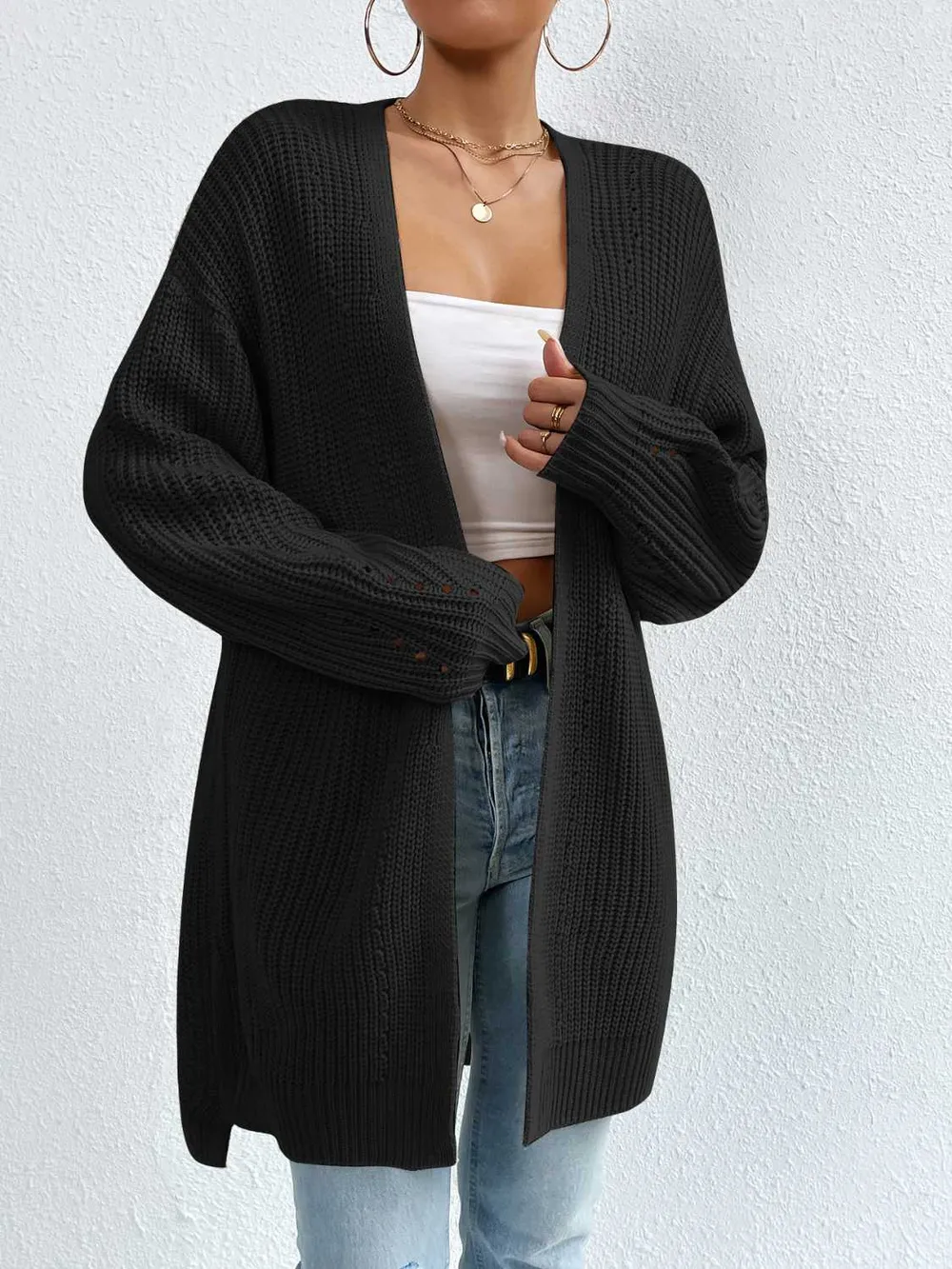 Open Front Dropped Shoulder Slit Cardigan, image 10