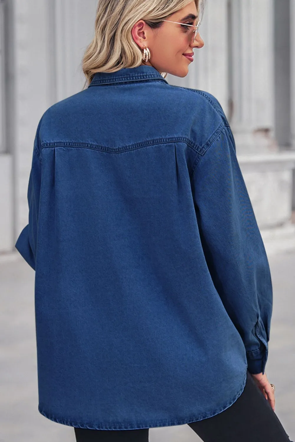 Collared Neck Dropped Shoulder Denim Top, image 6