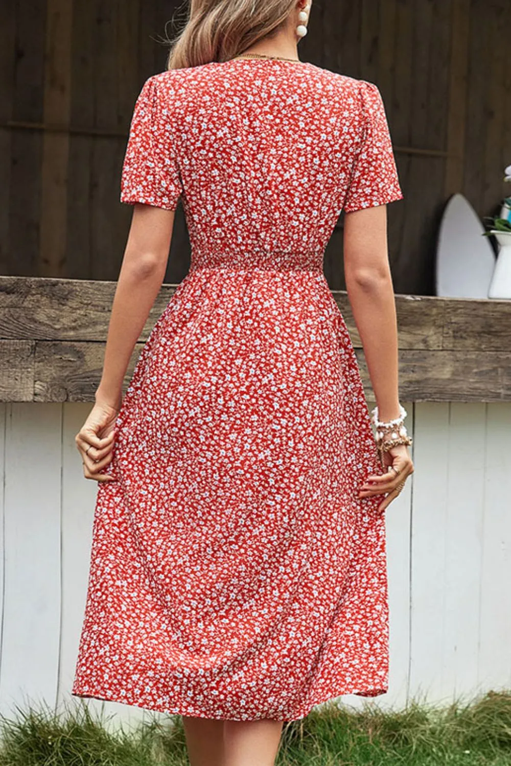 Ditsy Floral Button Front Tied Puff Sleeve Dress, image 3