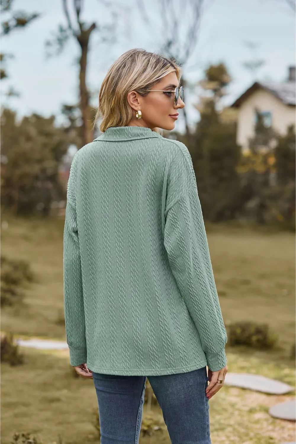 Collared Neck Cable-Knit Long Sleeve Blouse, image 3