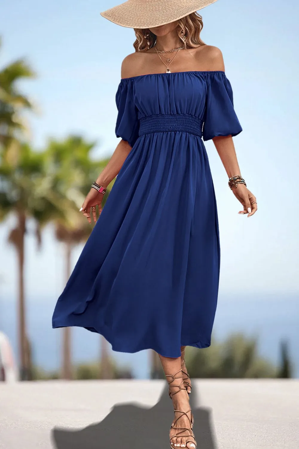 Square Neck Smocked Waist Puff Sleeve Midi Dress, image 5