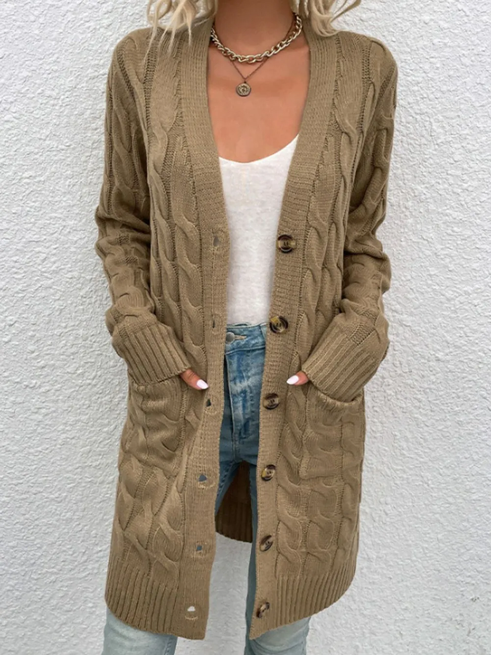 Cable-Knit Button Down Cardigan with Pockets, image 17