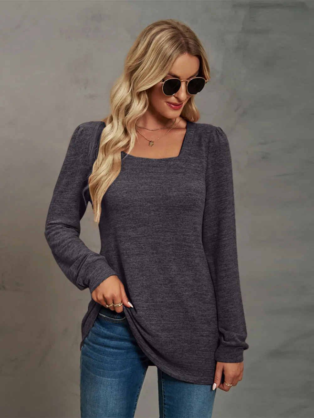 Heathered Square Neck Long Sleeve T-Shirt, image 21