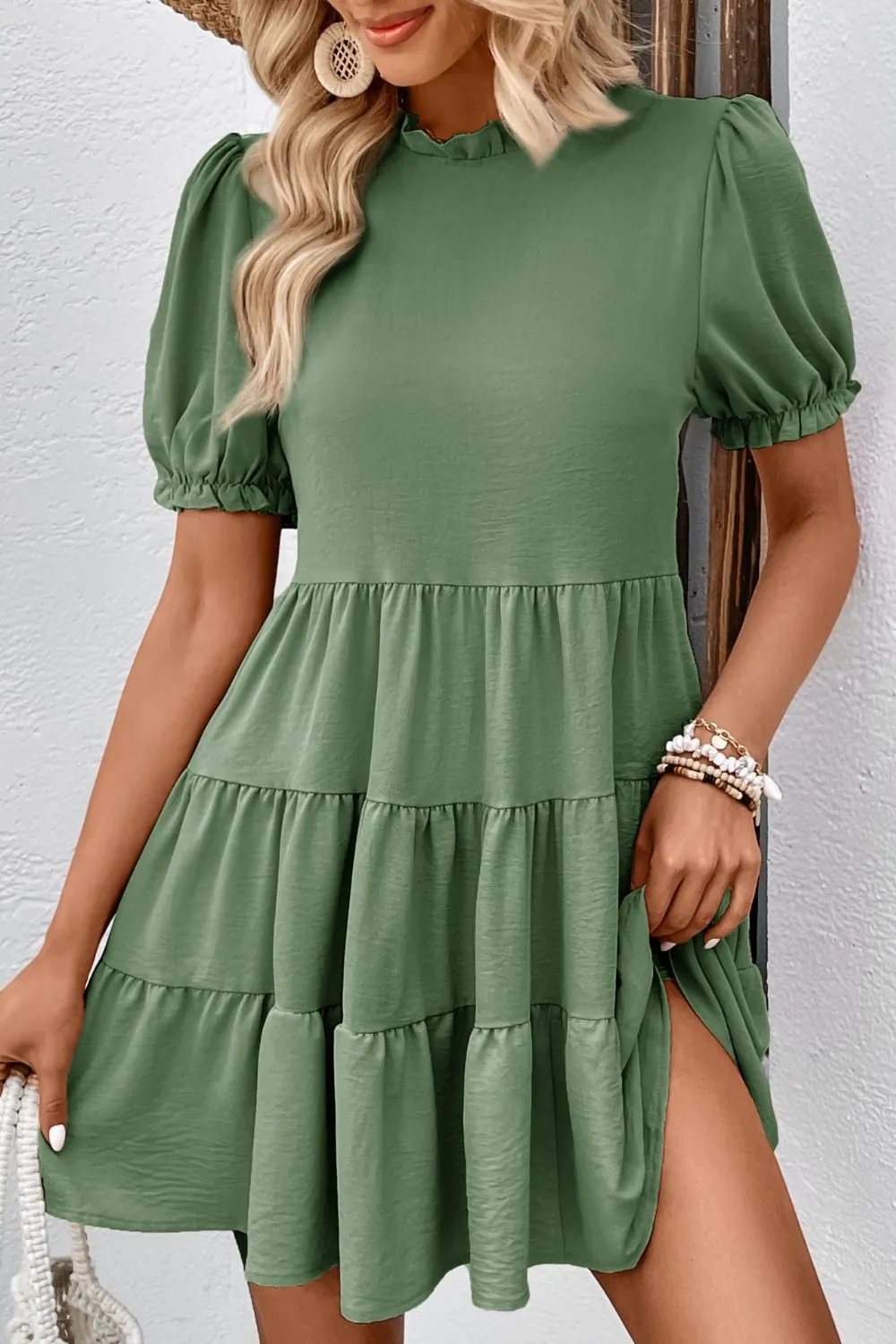 Puff Sleeve Tie Back Tiered Dress, image 5