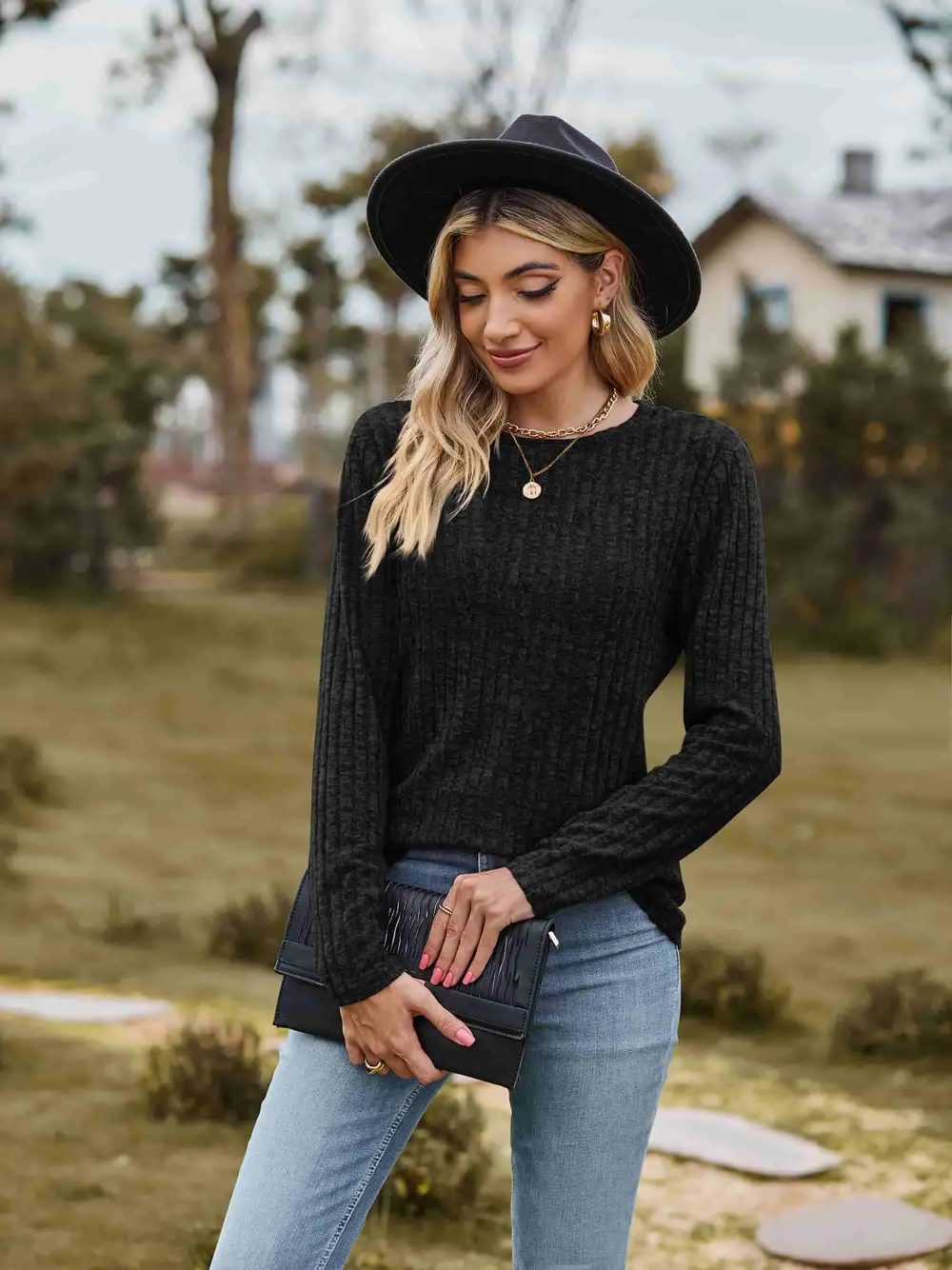 Ribbed Round Neck Long Sleeve Tee, image 24