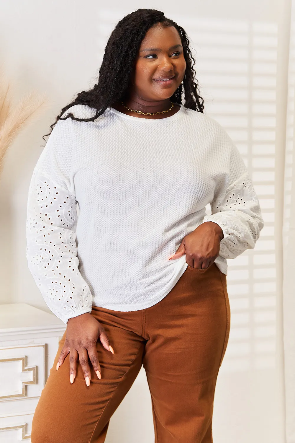 Eyelet Dropped Shoulder Round Neck Blouse, image 6