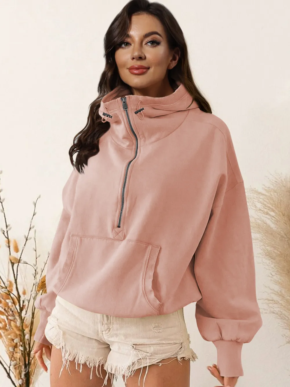 Zip-Up Dropped Shoulder Hoodie, image 4