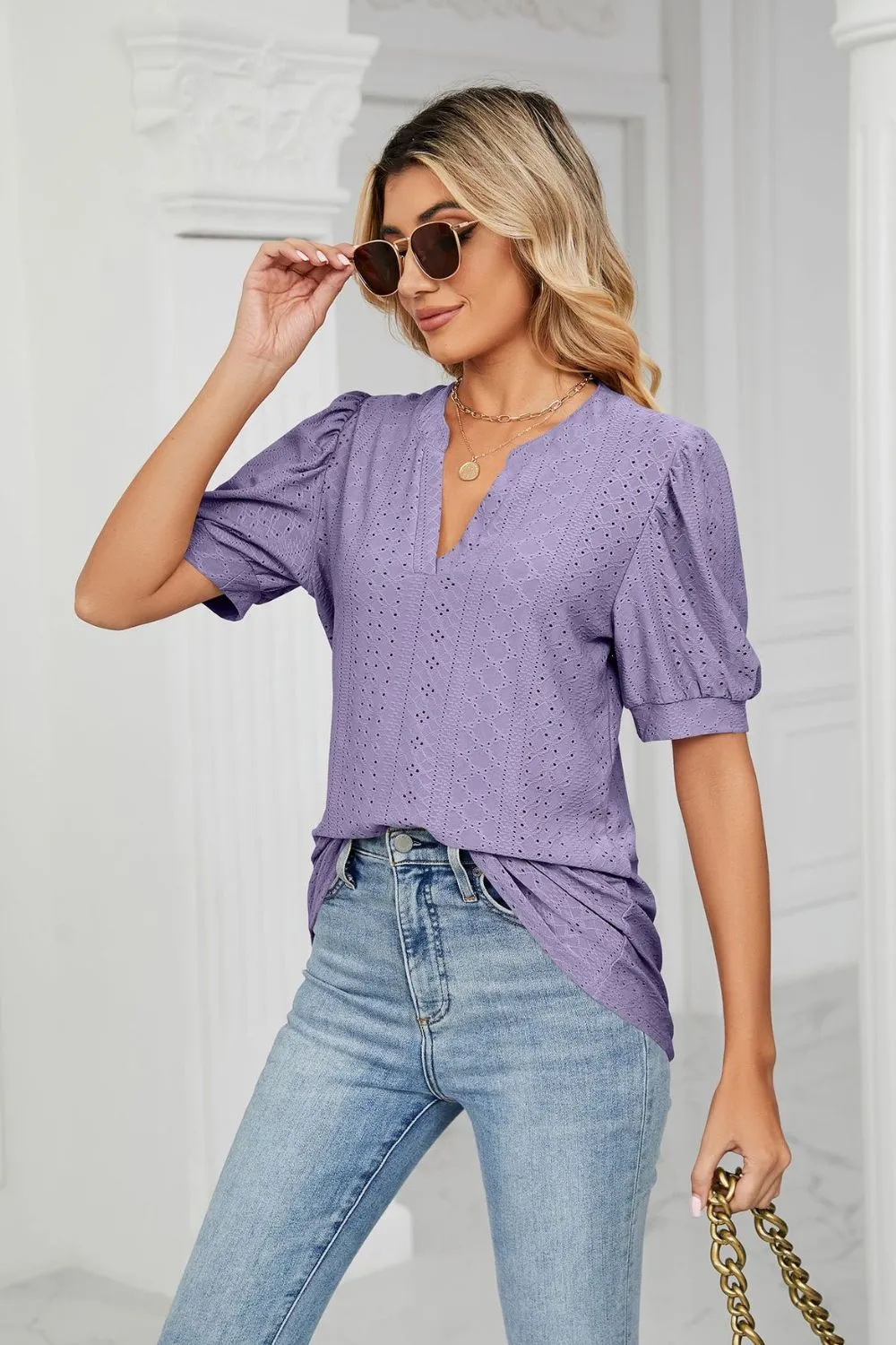 Eyelet Short Puff Sleeve Notched Neck Top, image 21