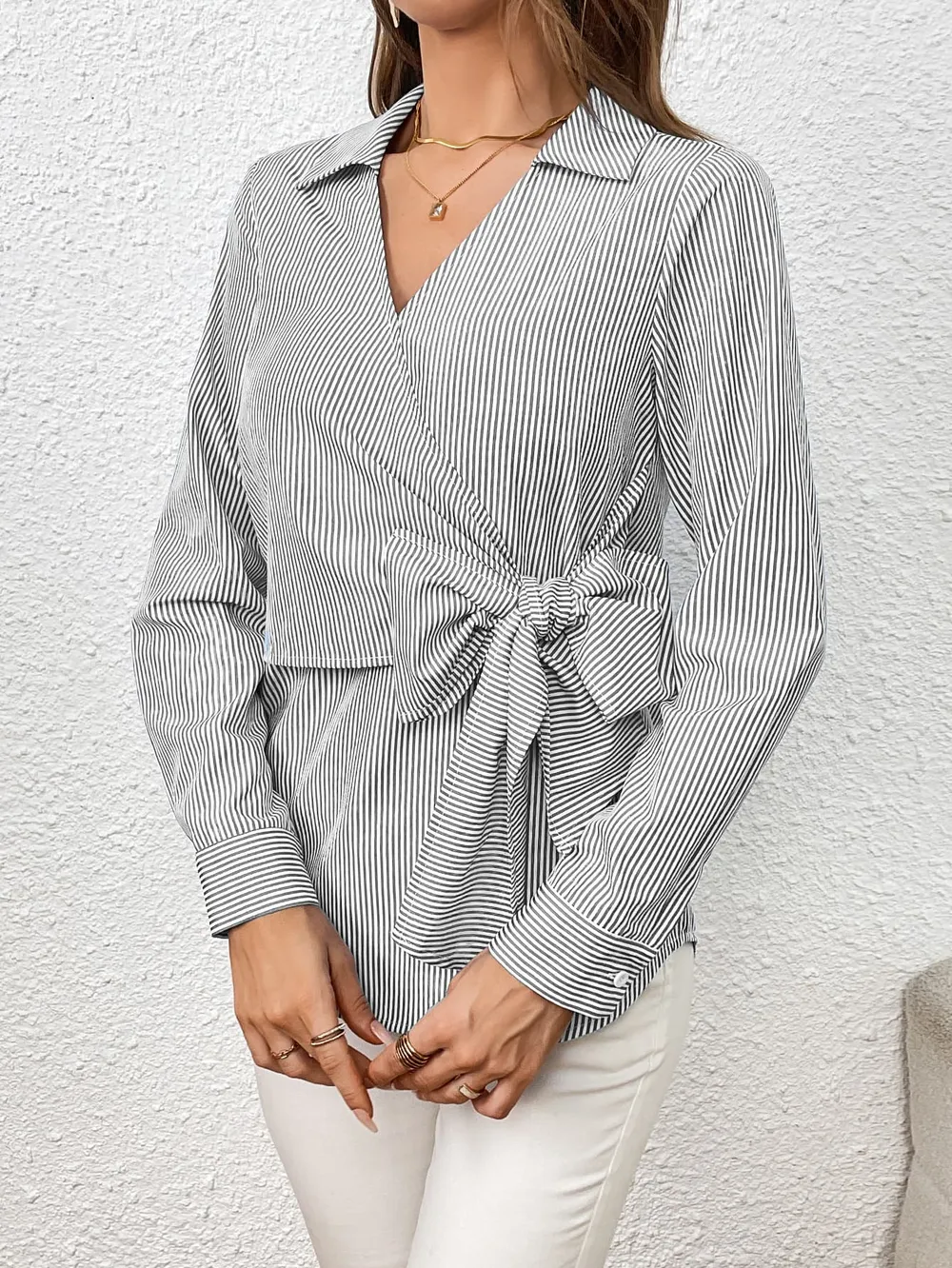 Bow Tie Waist Johnny Collar Neck Striped Blouse, image 11