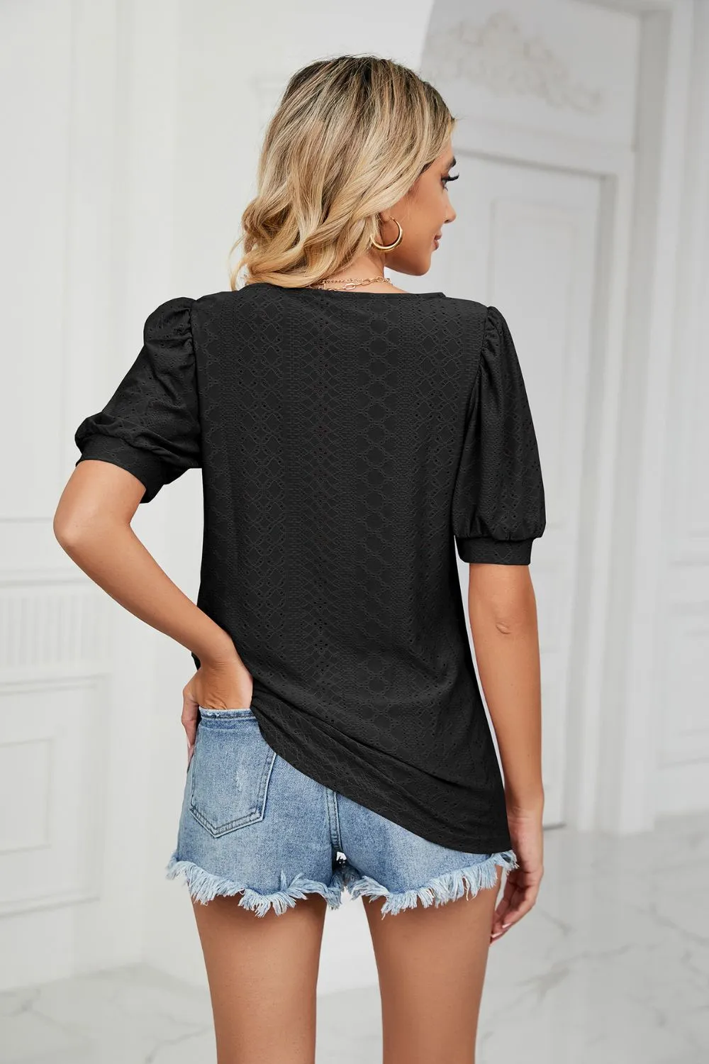 Eyelet Puff Sleeve Round Neck Top, image 9