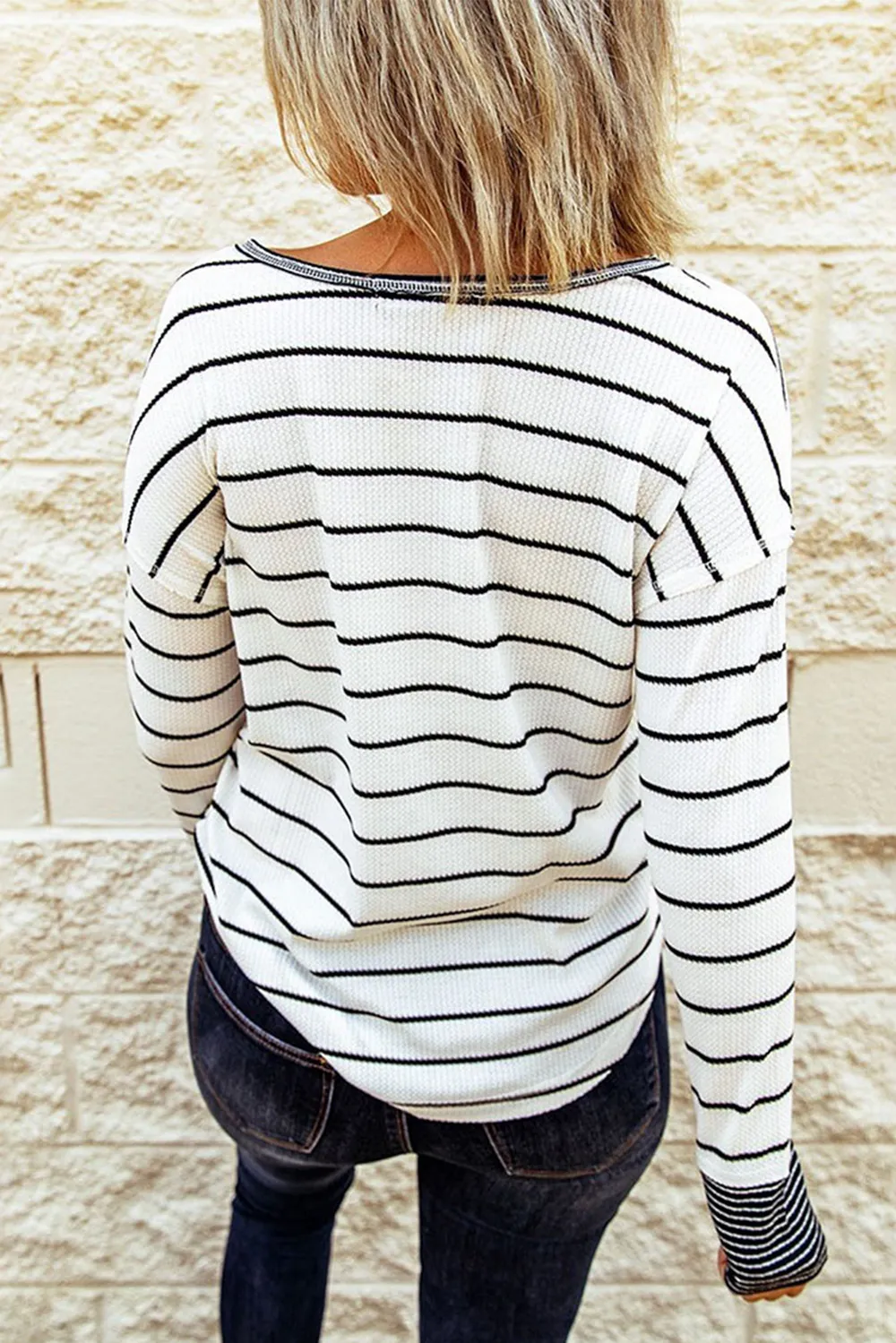 Striped Waffle Knit Henley Long Sleeve Top, image 5