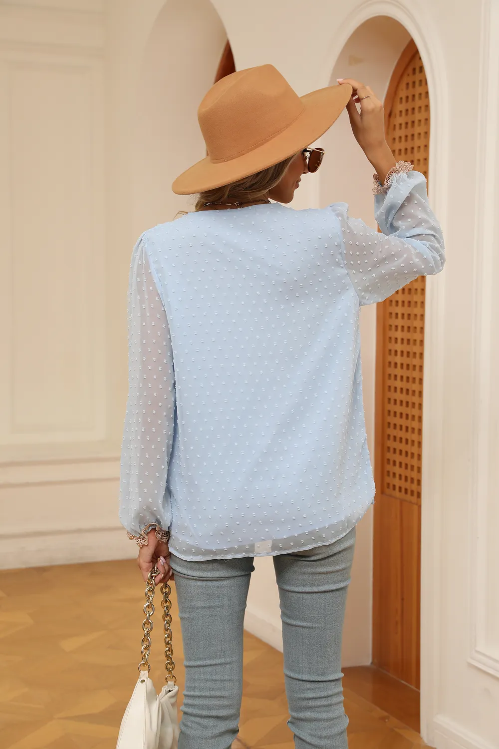 Swiss Dot Contrast V-Neck Blouse, image 18