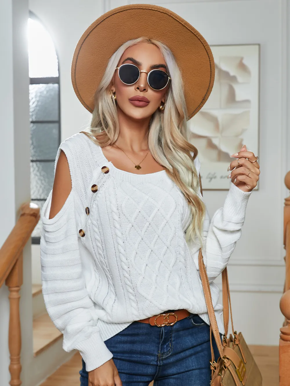 Decorative Button Cold-Shoulder Sweater, image 6