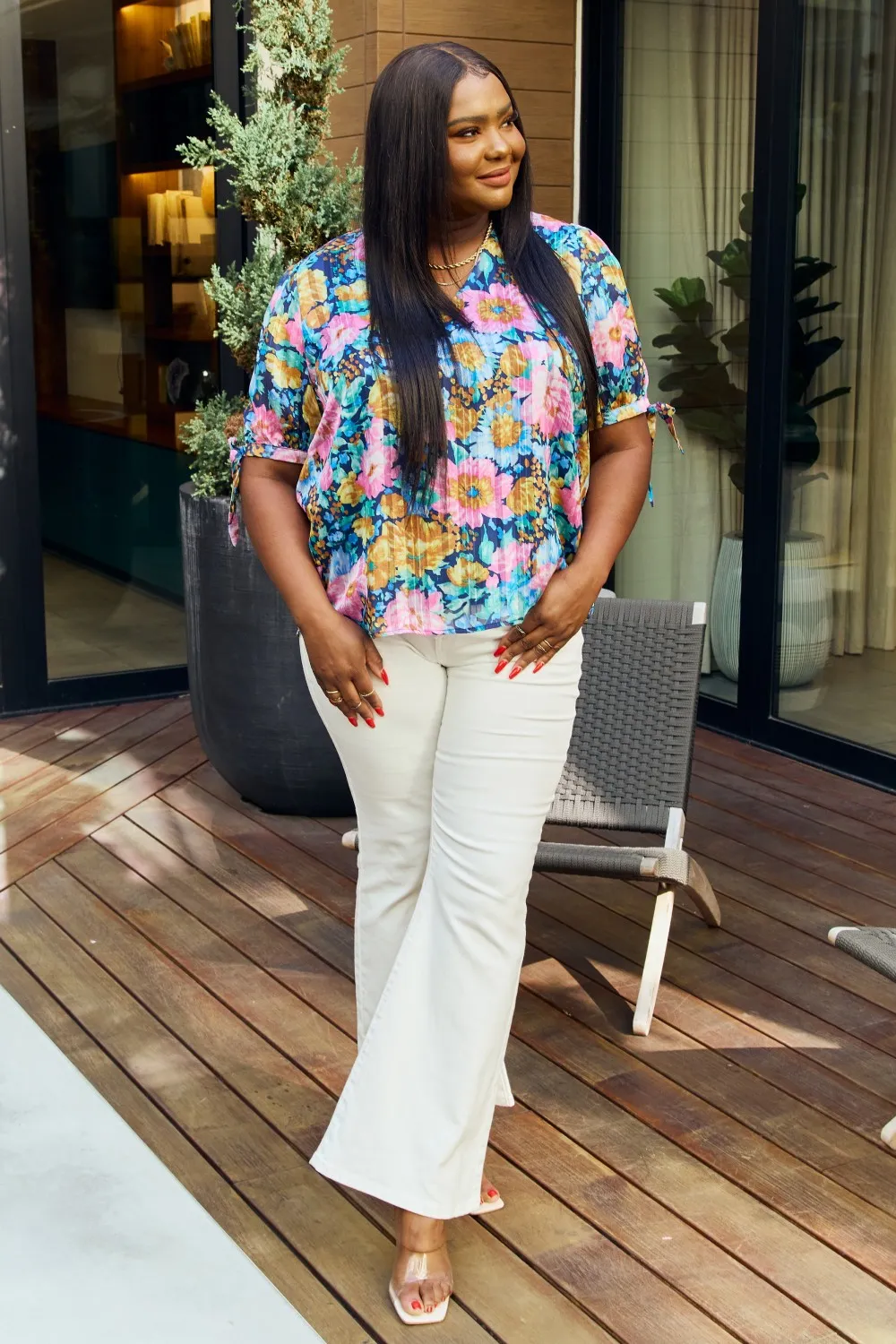 Full Size Floral V-Neck Tie Detail Blouse, image 9