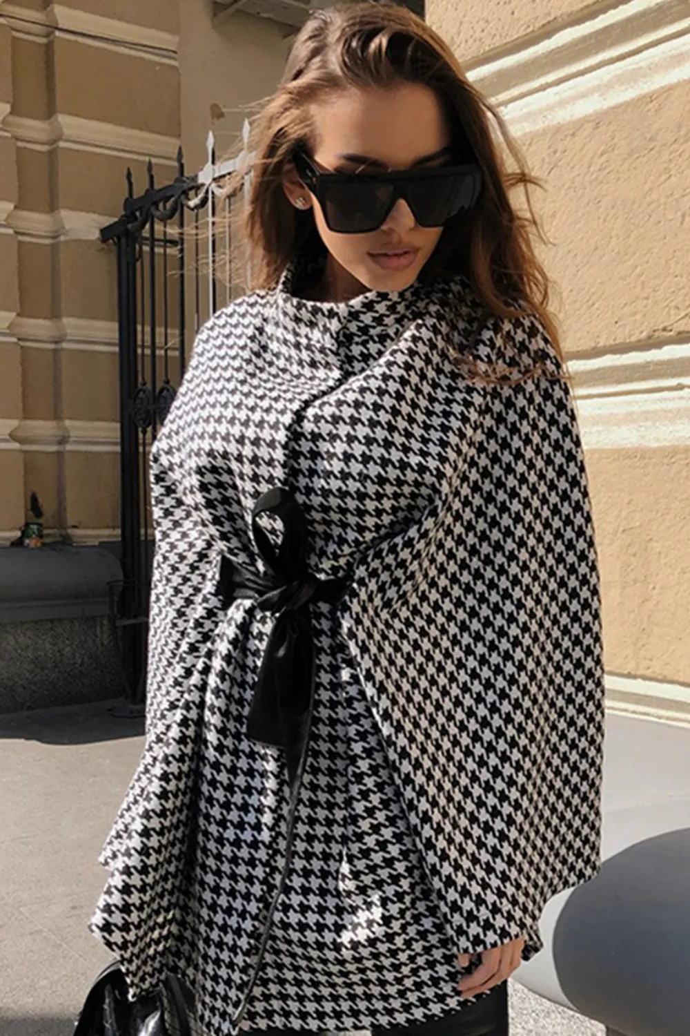 Houndstooth Tie Waist Trench Coat, image 4