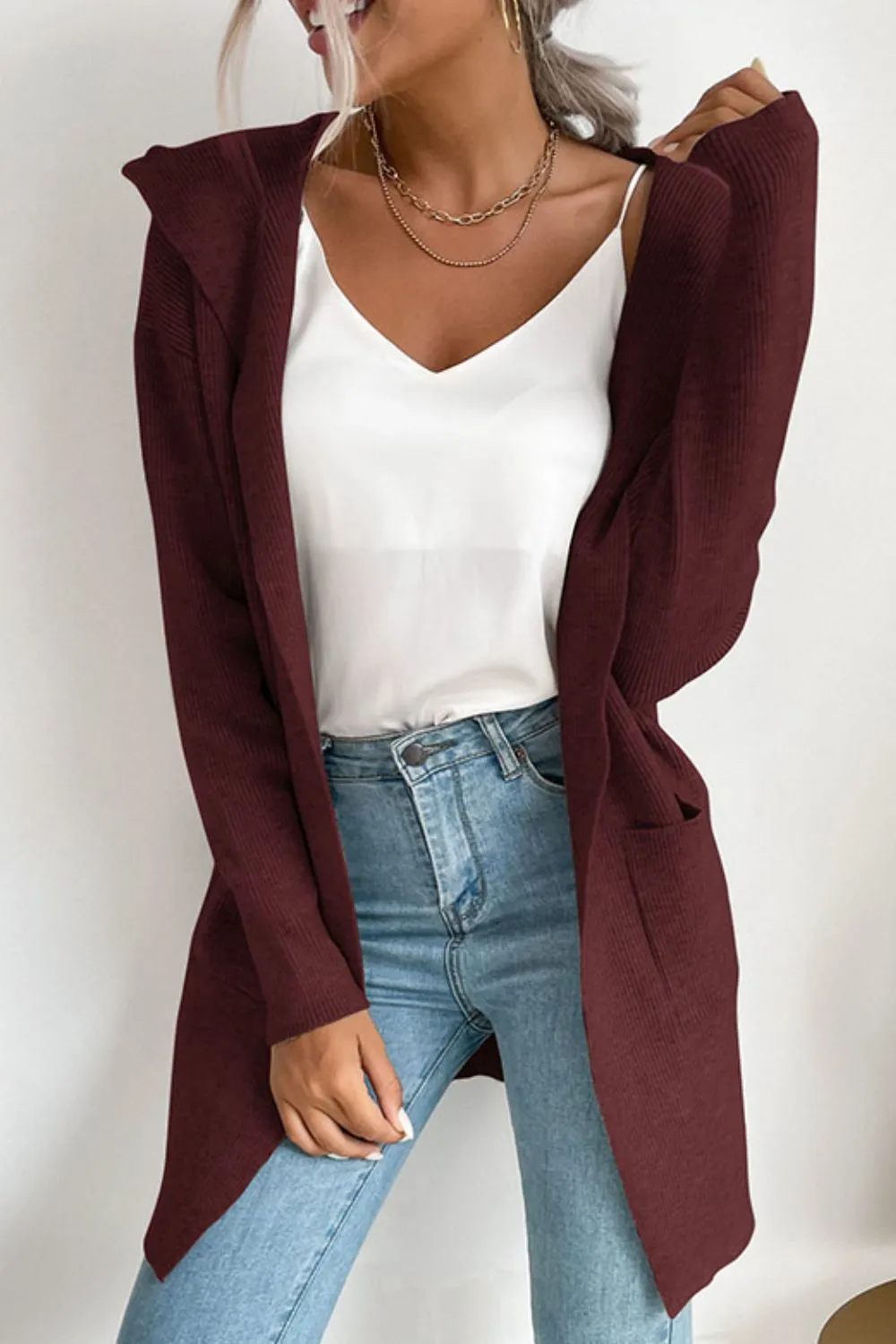 Ribbed Open Front Hooded Cardigan with Pockets, image 4