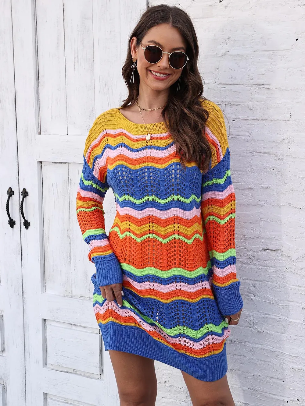 Openwork Round Neck Sweater Dress, image 4