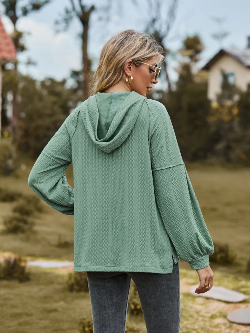 Cable-Knit Dropped Shoulder Hoodie, image 3