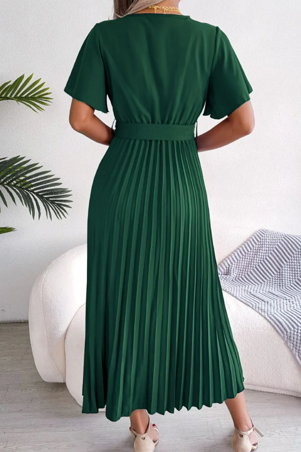 Pleated Flutter Sleeve Belted Dress, image 3