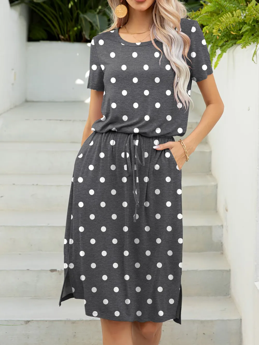 Round Neck Short Sleeve Slit Dress with Pockets, image 7